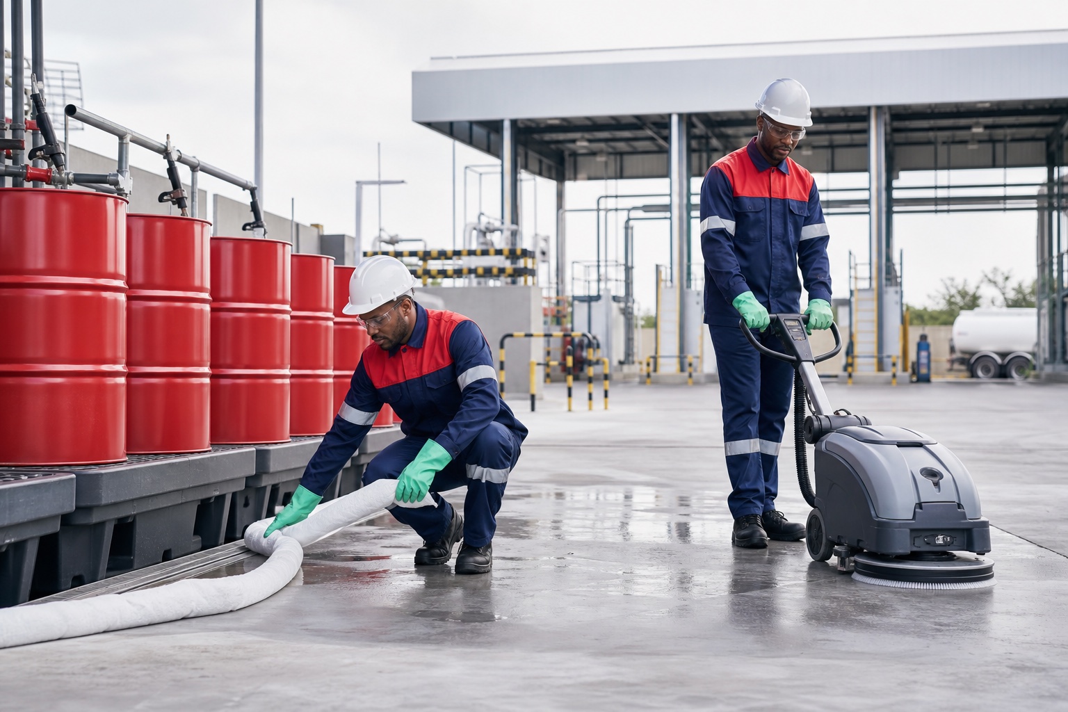 Industrial technicians carrying out spill prevention and professional site cleaning